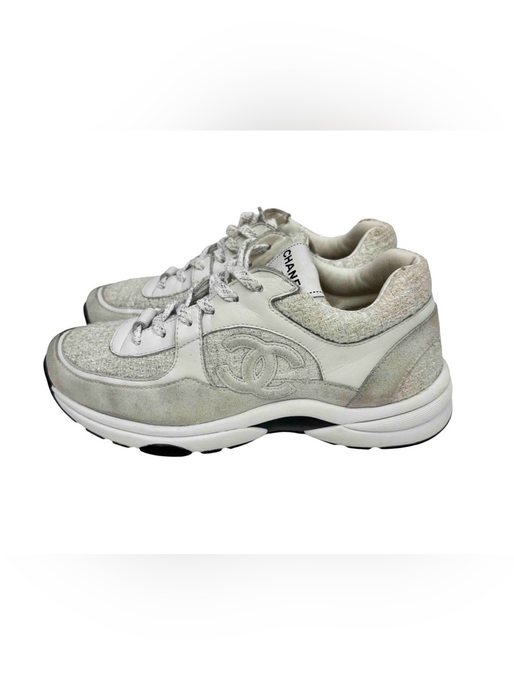 CHANEL White & Tweed CC Logo Trainer Sneakers Size 39 - Picture 8 of 14